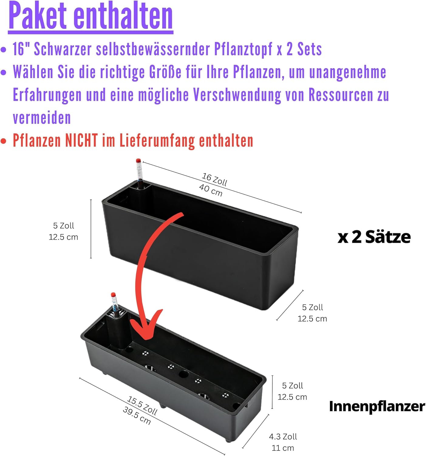 LaLaGreen Planter Box for Indoor Plants (2 Pack, 16 Inch) Black Rectangular Self Watering Flower Pot, Large Window Boxes Planters with Drainage Decorative Modern Balcony Windowsill Herbs Home Garden