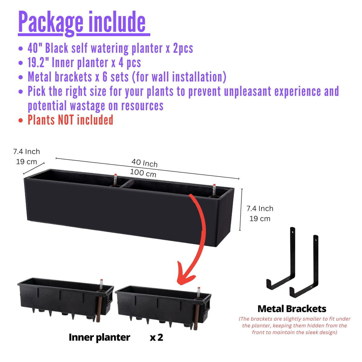 LaLaGreen Hanging Planter Boxes Outdoor (40 Inch, 2 Pack) Black Window Flower Box with Bracket, Large Rectangular Self Watering System Vertical Plant Container Wall Mounted Indoor Succulent Herb Decor
