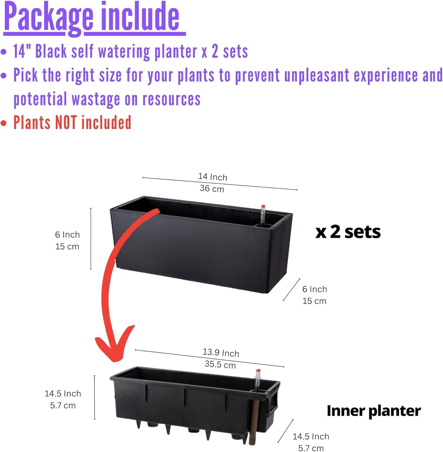 LaLaGreen Planter Box for Indoor Plants (2 Pack, 14 Inch) Black Rectangular Self Watering Flower Pot, Window Boxes Planters with Drainage Decorative Modern Balcony Windowsill Herb Home Garden Kitchen