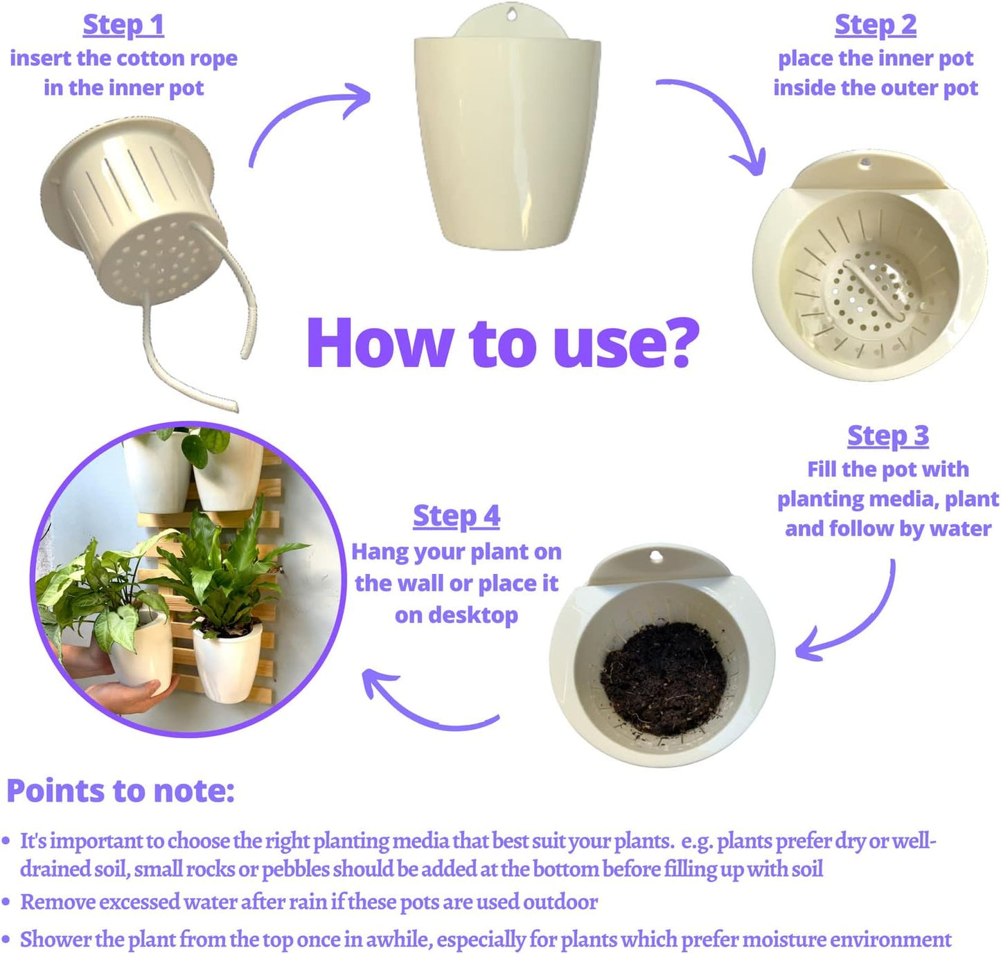 LaLaGreen Wall Mounted Planters for Indoor Plants - 10 Pack, 5 Inch Self Watering Plastic Pot, Living Hanging Eco Wall Planter System, Trendy Live Wall Garden for Herb, White