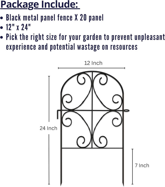 ShopLaLa Garden Fence Animal Barrier Decorative Border (20 Panels) 12in(L) x 24in(H) Rustproof Metal Wire Butterfly Arch Edging for Landscape, Patio Gates Yard Decor No Dig, Black Fences for Dogs