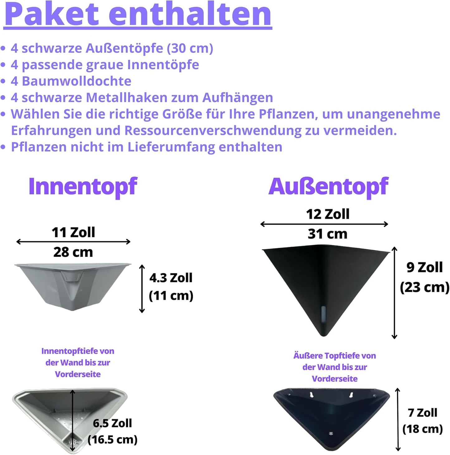 LaLaGreen Wall Planters for Indoor Plants - 4 Pack, 12 Inch Large Self Watering Black Geometric Hanging Flower Vase Vessel with Metal Hanger, Modern Stylish Wall Mounted Succulent Pot Holder Decor