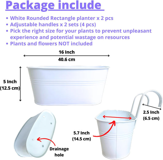 LaLaGreen Outdoor Plants Rail Planter (2 Pack, 16 Inch) White Metal Iron Hanging Flower Pots Deck Railings Fence Buckets Modern Boho Style Wall Mount Window Boxes Plant Holder Hooks Porch Home Decor