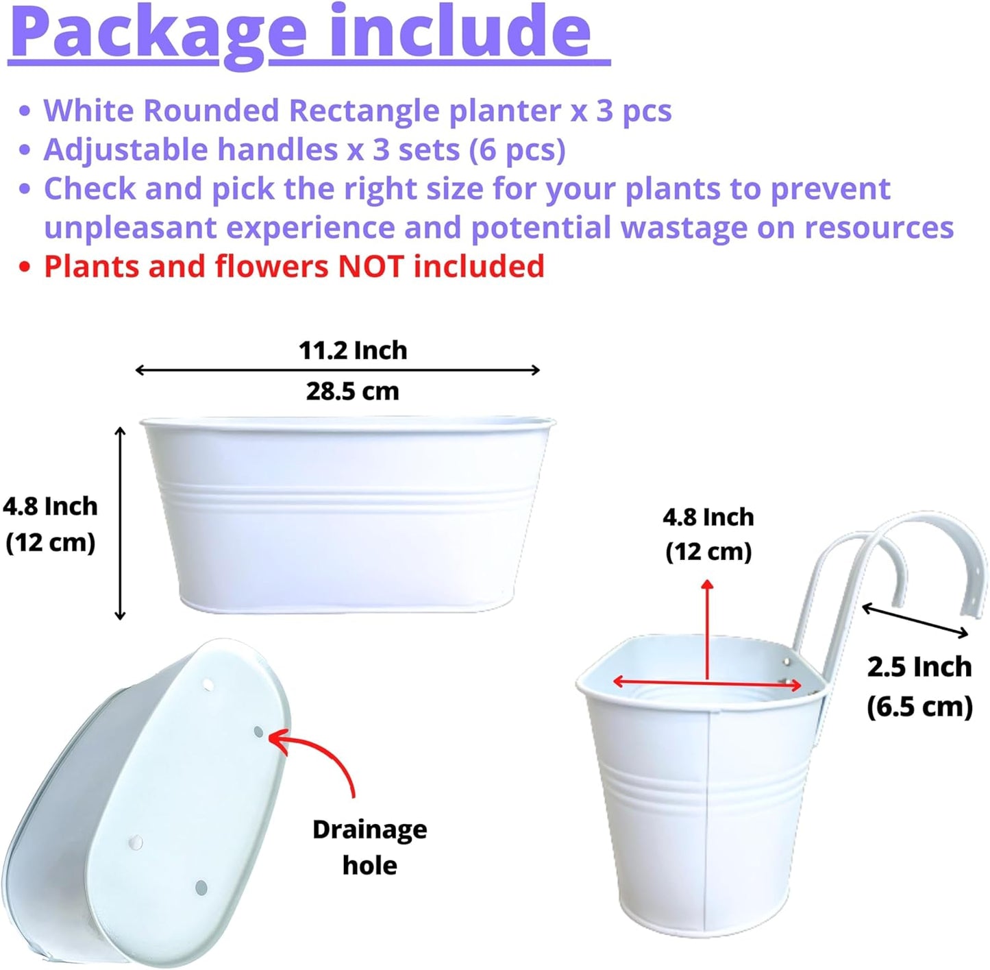 LaLaGreen Outdoor Plants Rail Planter (11.2 Inch, 3 Pack) White Metal Iron Hanging Flower Pots Deck Railings Fence Balcony Modern Boho Style Wall Mount Window Box Plant Holder Hooks Porch Home Decor