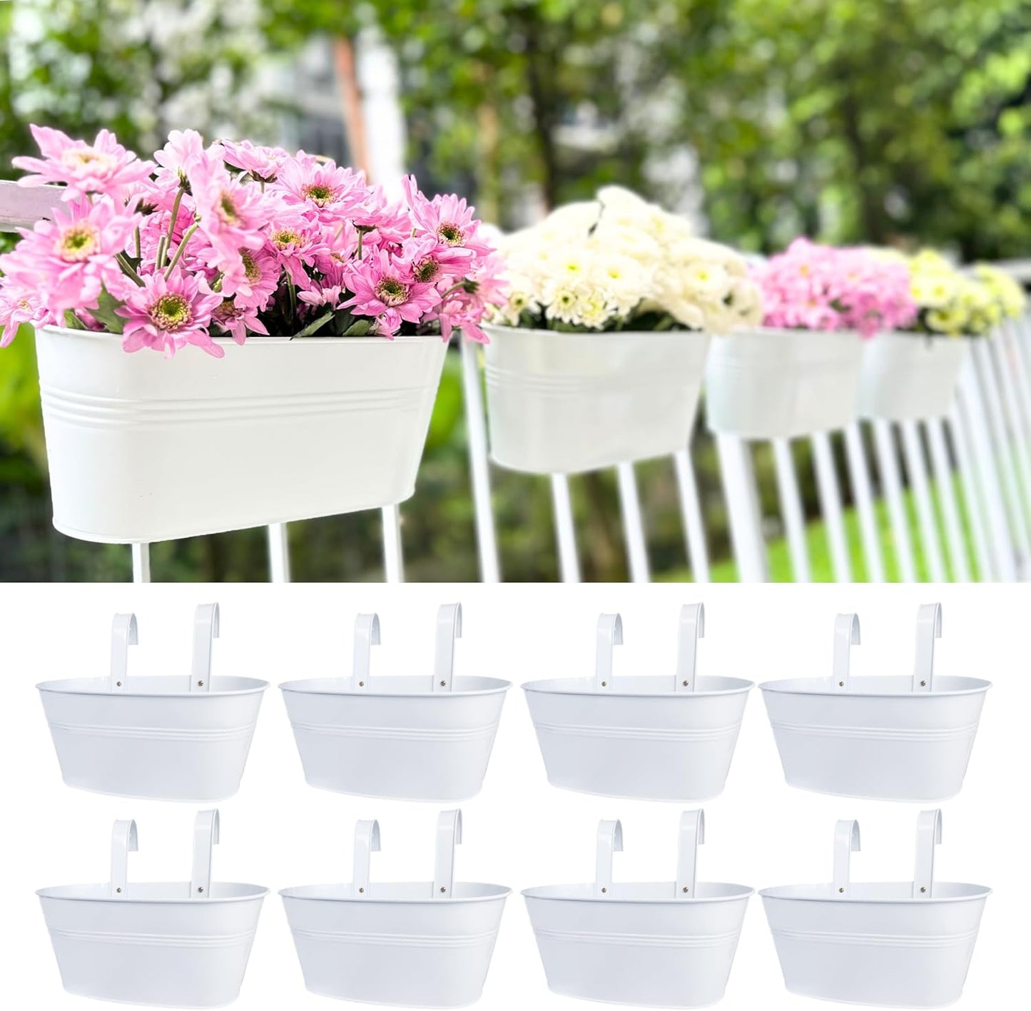 LaLaGreen Planter Boxes Outdoor (3 Pack, 9.8 Inch) Small and Cute White Metal Iron Hanging Flower Pots Deck Railings Fence Modern Garden Boho Style Wall Mount Window Box Plant Holder Porch Decor