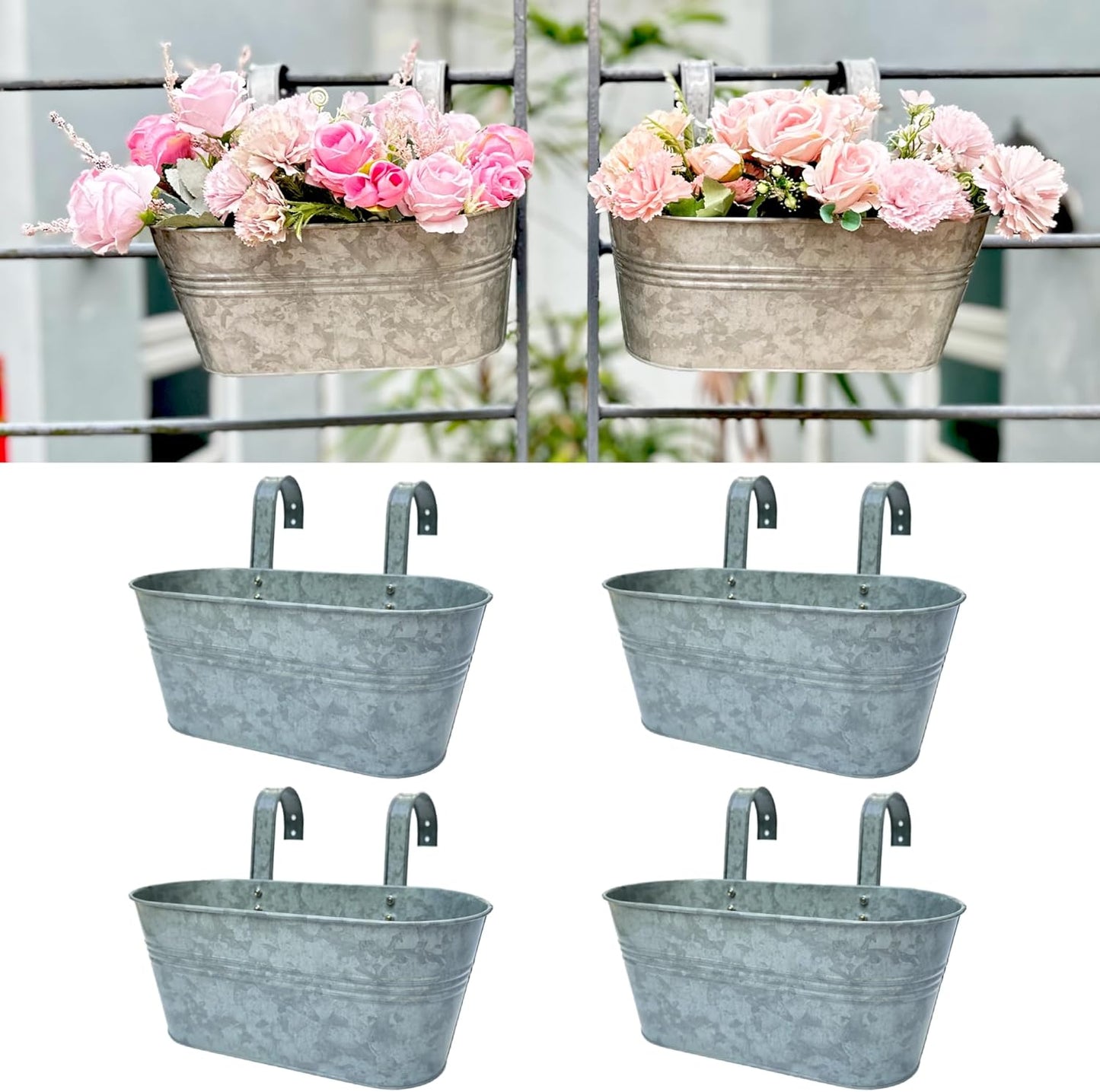 LaLaGreen Outdoor Rail Planter (11.2 Inch, 6 Pack) Silver Metal Iron Hanging Flower Pots Deck Railings Fence Buckets Modern Countryside Boho Style Wall Mount Window Box Plant Holder Hooks Porch Decor