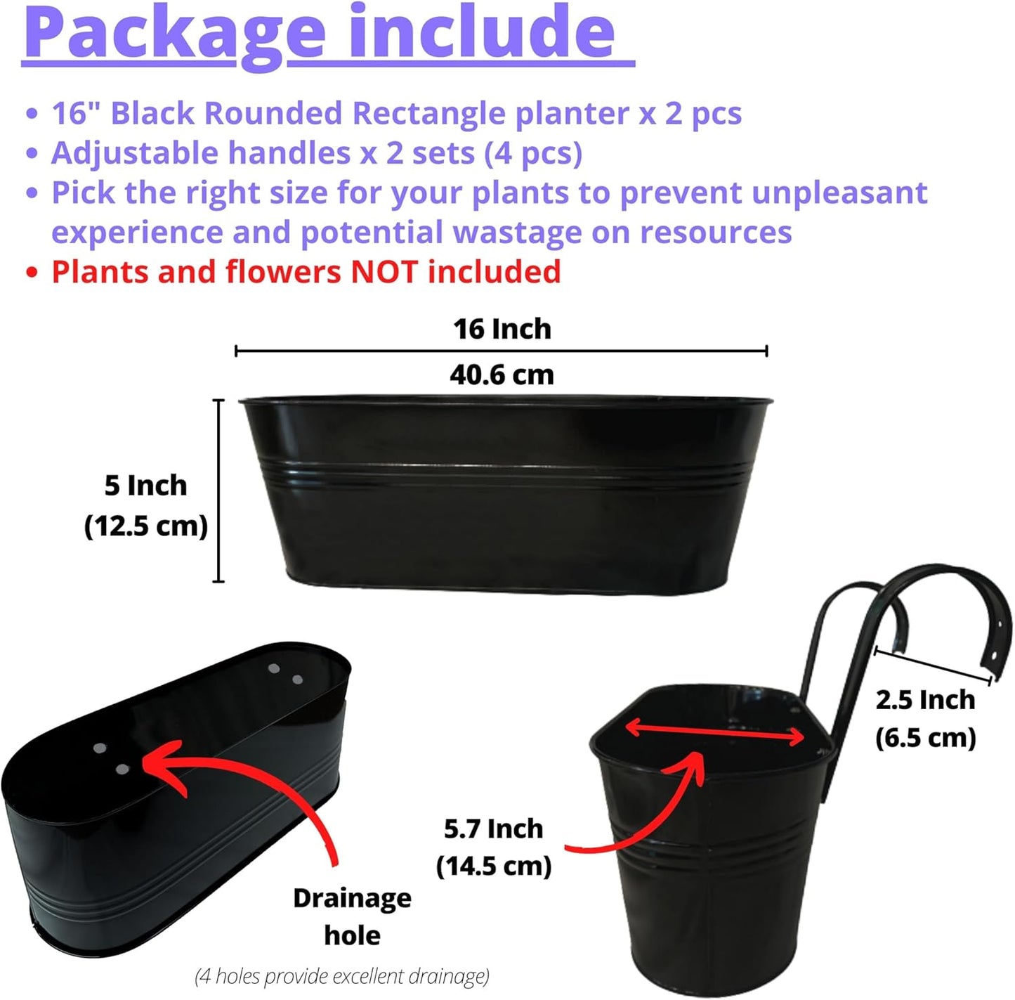 LaLaGreen Outdoor Plants Rail Planter (16 Inch, 2 Pack) Black Metal Iron Hanging Flower Oval Pots Railings Fence Buckets Modern Boho Style Wall Mount Window Boxes Plant Holder Hooks Porch Home Decor