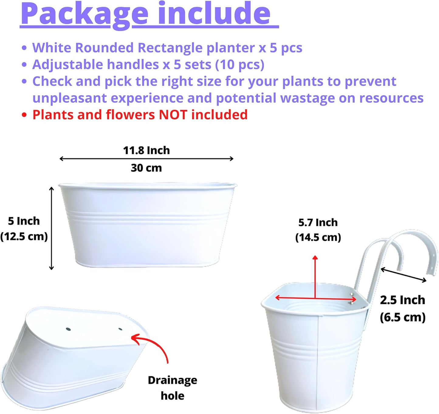 LaLaGreen Rail Planter Outdoor Plants (5 Pack, 11.8 Inch) White Metal Iron Hanging Flower Pots Deck Railings Fence Buckets Modern Countryside Boho Style Wall Mount Window Box Holder Hooks Porch Decor