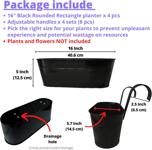 LaLaGreen Outdoor Plants Rail Planter (16 Inch, 4 Pack) Black Metal Iron Hanging Flower Pots Deck Railings Fence Buckets Modern Boho Style Wall Mount Window Boxes Plant Holder Hooks Porch Home Decor