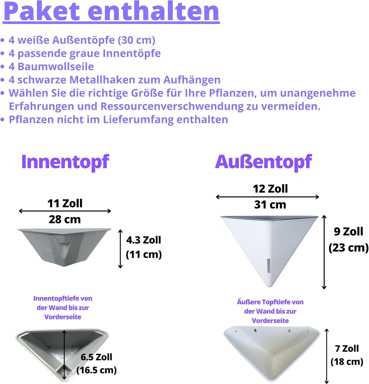 LaLaGreen Wall Planters for Indoor Plants - 4 Pack, 12 Inch Large Self Watering White Geometric Hanging Flower Vase Vessel with Metal Hanger, Modern Stylish Wall Mounted Succulent Pot Holder Decor