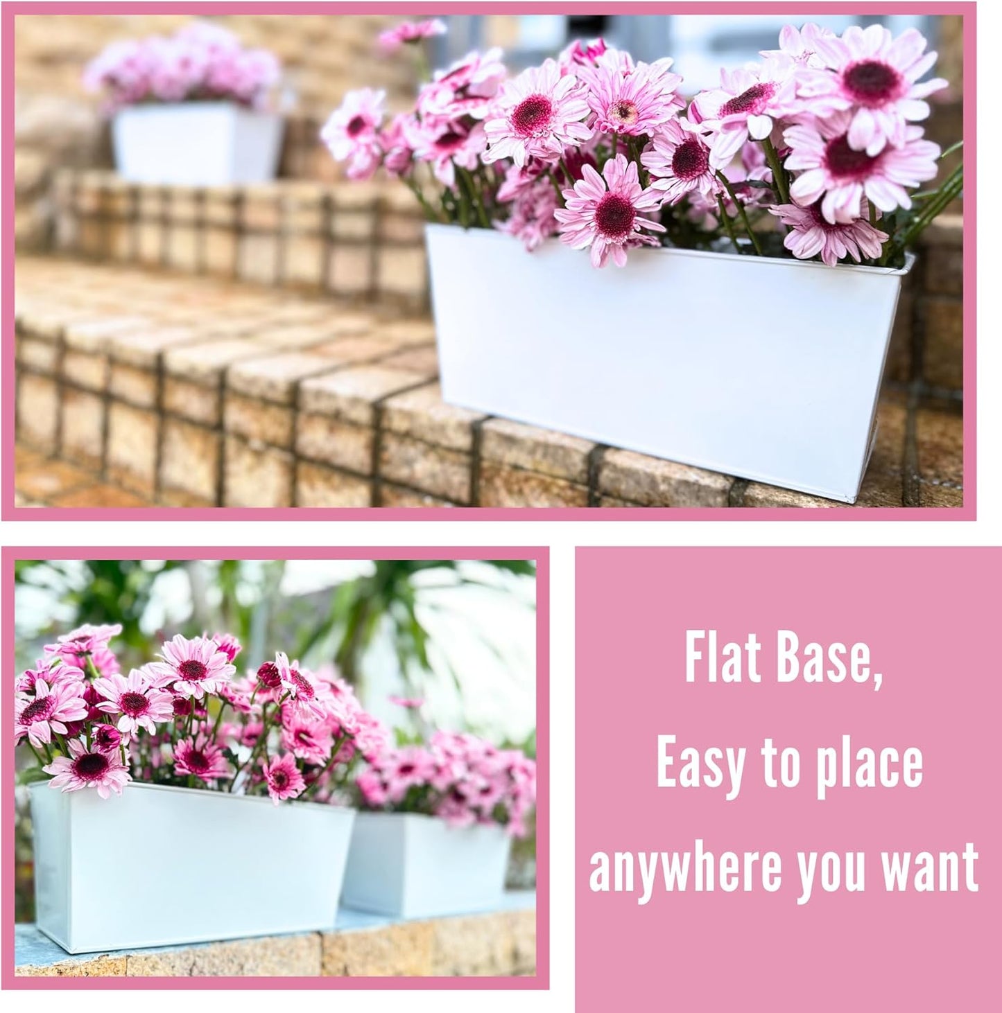 LaLaGreen Railing Planter (4 Pack, 14 Inch) White Metal Rectangle Outdoor Wall Hanging Flower Pots Balcony Bucket Deck Rail Fence Trendy Long Strawberry Succulent Plant Holder Rustic Countryside Style