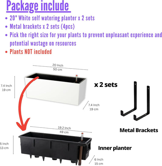LaLaGreen Wall Planter for Outdoor (2 Pack, 20 Inch) White Self Watering Rectangular Window Boxes Planters to Attach to House with Bracket, Country Vertical Plant Wall Holder Indoor Garden Minimalist