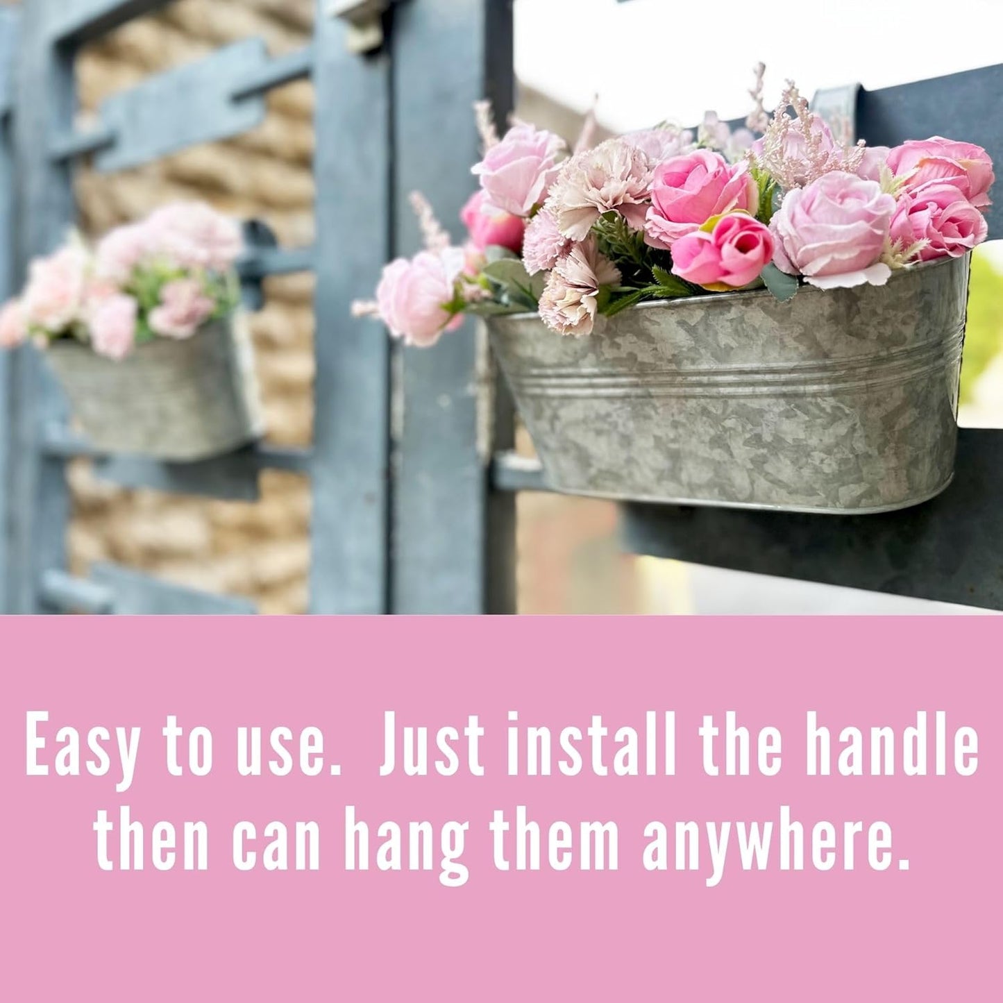 LaLaGreen Outdoor Rail Planter (11.2 Inch, 4 Pack) Silver Metal Iron Hanging Flower Pots Deck Railings Fence Buckets Modern Countryside Boho Style Wall Mount Window Box Plant Holder Hooks Porch Decor