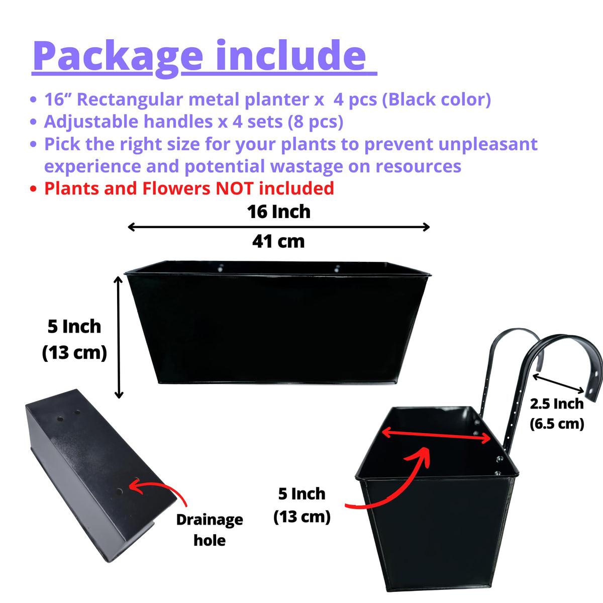 LaLaGreen Rail Planter (16 in) Black Metal Deck Fence Pots