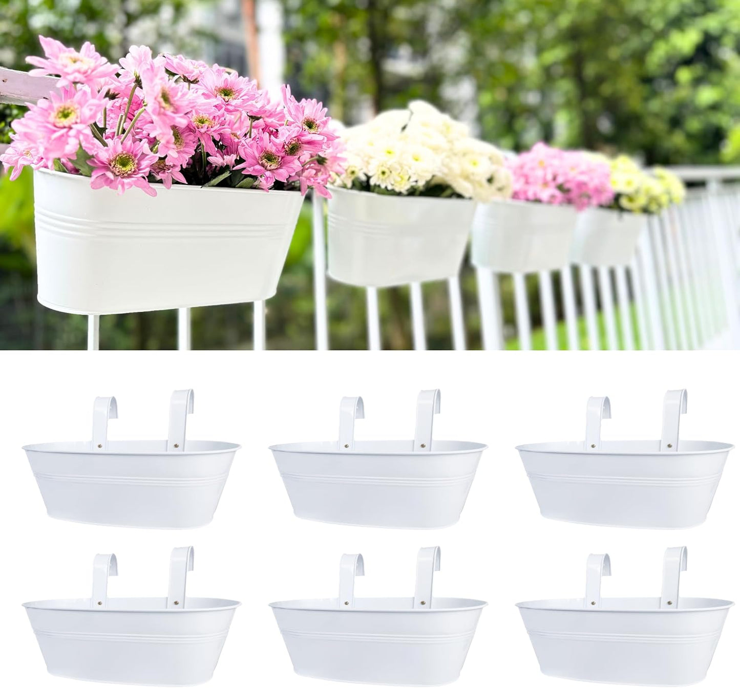 LaLaGreen Planter Boxes for Outdoor (8 Pack, 17 Inch) White Metal Deck Railing Hanging Flower Pots, Large Window Box Plant Holder Hooks Fence Rail Bucket Modern Countryside Boho Style Wall Mount Porch
