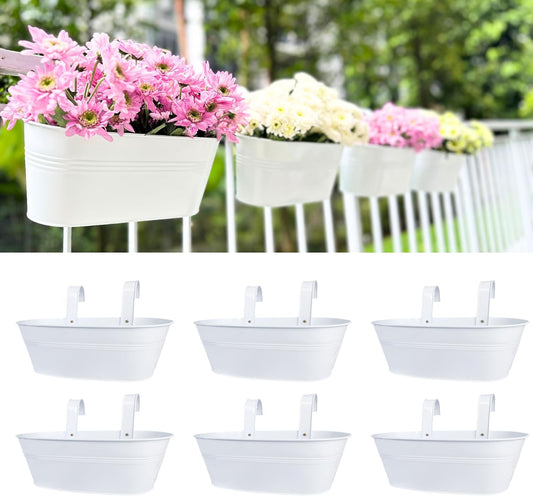 LaLaGreen Planter Boxes for Outdoor (6 Pack, 17 Inch) White Metal Deck Railing Hanging Flower Pots, Large Window Box Plant Holder Hooks Fence Rail Buckets Modern Herb Boho Style Wall Mount Porch Decor