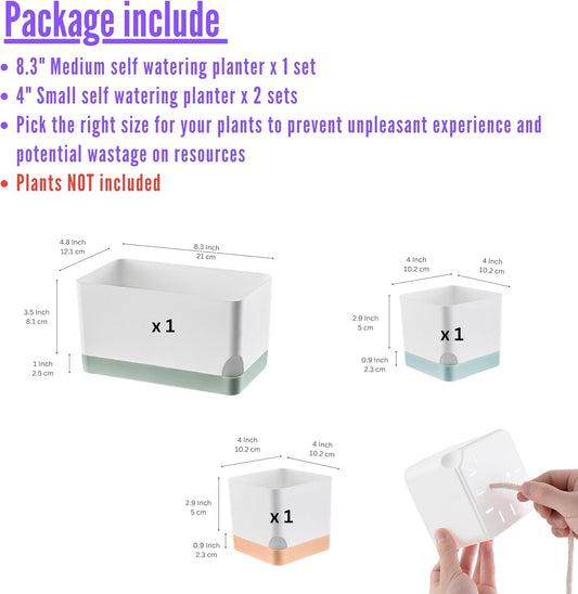 LaLaGreen Planters for Indoor Plants (3 Pack) Self-Watering Window Boxes Planters, Assorted Color Rectangular Herb Garden Long Windowsill Plant Pots with Drainage Modern Stylish Outdoor Flower Box