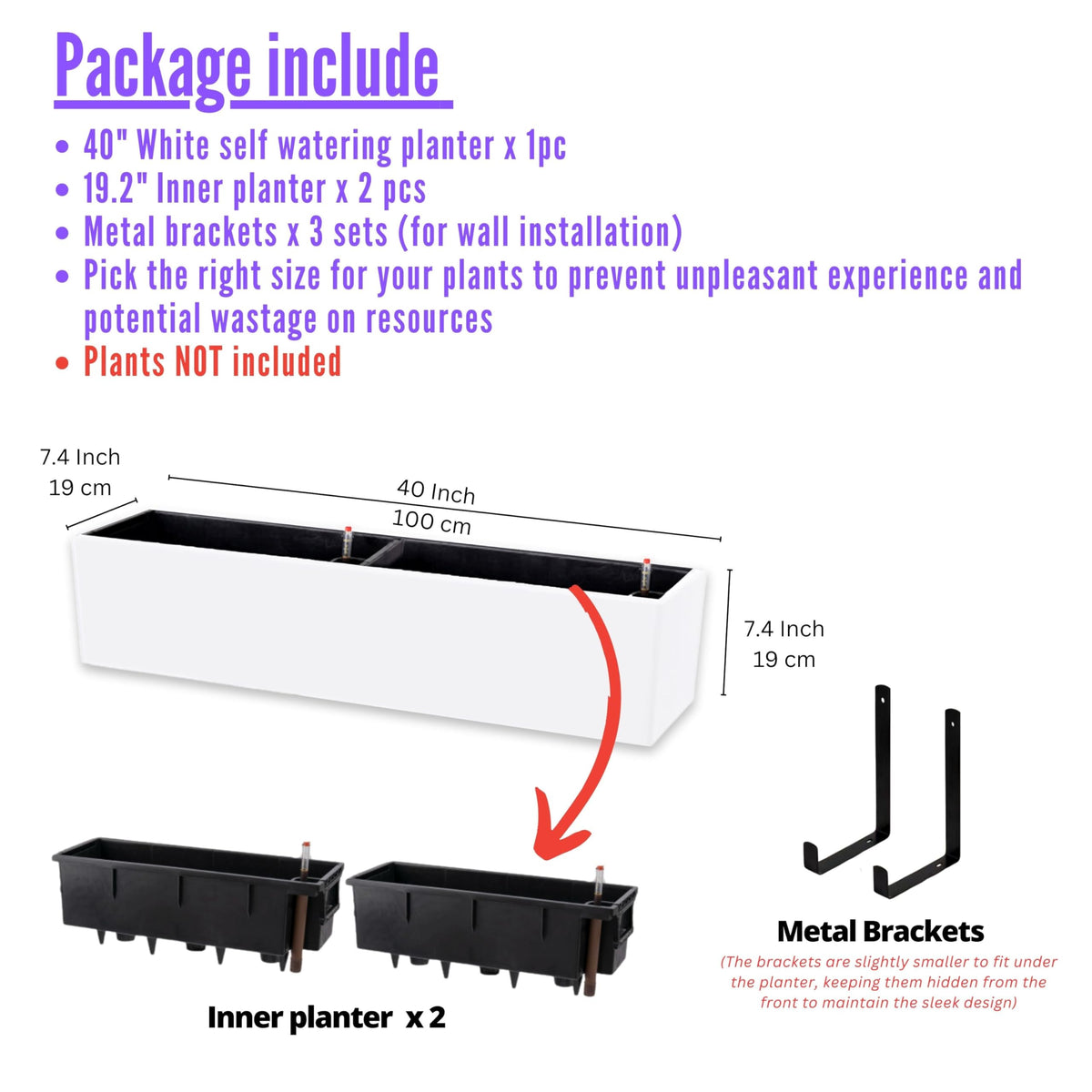 LaLaGreen Hanging Planter Boxes Outdoor (40 Inch, 2 Pack) Black Window Flower Box with Bracket, Large Rectangular Self Watering System Vertical Plant Container Wall Mounted Indoor Succulent Herb Decor