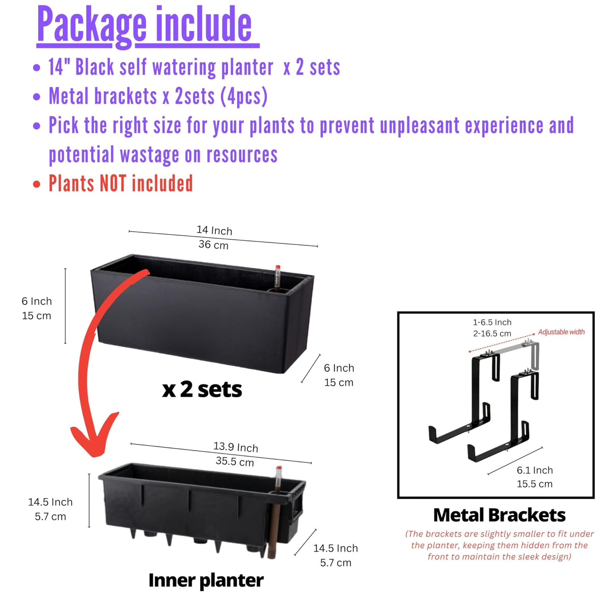 LaLaGreen Self-Watering Railing Planter Boxes with Brackets
