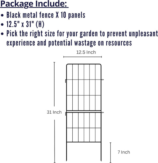 ShopLaLa Decorative Garden Fence Outdoor (10 Panels) 12.5in(L) x 31in(H) Animal Barrier Fencing Rustproof Black Metal Wire Flower Edging for Landscape, Small Dog No Dig Fences Backyard Gate D-F30A