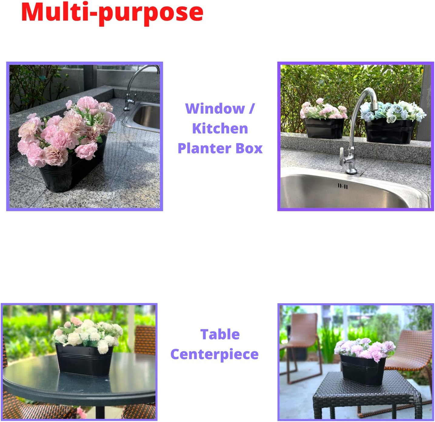 LaLaGreen Railing Planter Outdoor Plants (11.2 Inch, 2 Pack) Black Metal Iron Hanging Flower Pots Deck Rail Fence Hanging Bucket Modern Countryside Style Window Box Plant Holder with Hooks Porch Decor