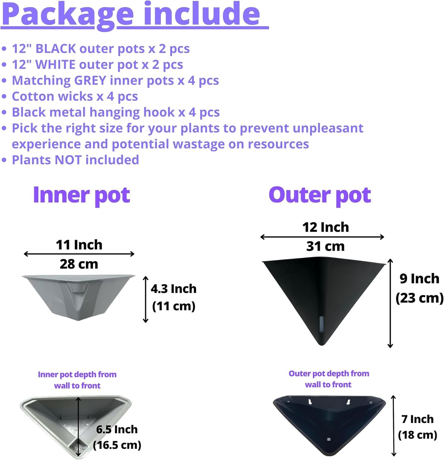 LaLaGreen Wall Planters for Indoor Plants - 4 Pack, 12 Inch Large Self Watering Black and White Mixed Color Geometric Indoor Vertical Garden Wall Hanging Flower Vase Vessel with Metal Hanger Stylish