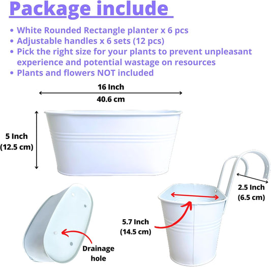 LaLaGreen Outdoor Plants Rail Planter (6 Pack, 16 Inch) White Metal Iron Hanging Flower Pots Deck Railings Fence Buckets Modern Boho Style Wall Mount Window Boxes Plant Holder Hooks Porch Home Decor