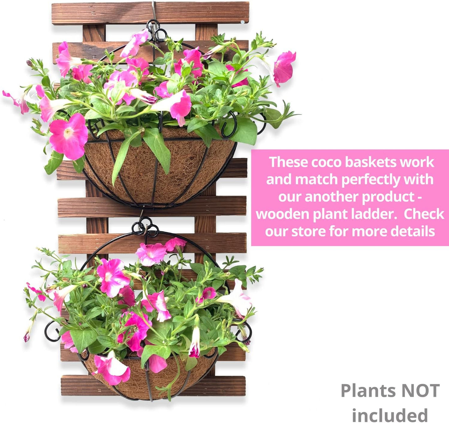 Shoplala Wall Planters for Outdoor Plants (4 Pack, 10 Inch) Metal Black Wire Flower Baskets with Coco Liner, Fence Hanging Planter Balcony Over Deck Porch Railing Rail Patio Modern Herb Outside Garden