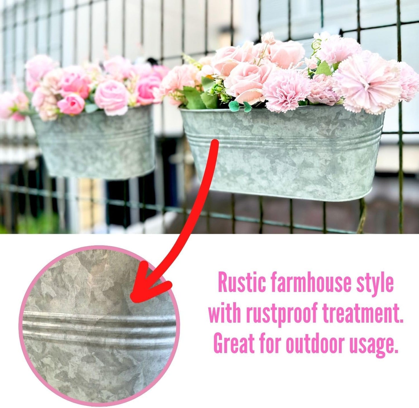 LaLaGreen Outdoor Rail Planter (11.2 Inch, 4 Pack) Silver Metal Iron Hanging Flower Pots Deck Railings Fence Buckets Modern Countryside Boho Style Wall Mount Window Box Plant Holder Hooks Porch Decor