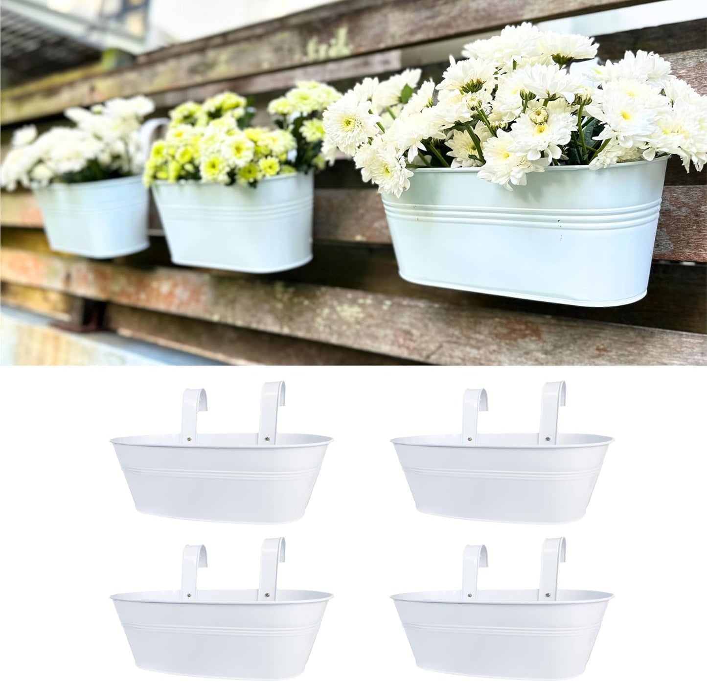 LaLaGreen Outdoor Plants Rail Planter (2 Pack, 15 Inch) White Metal Iron Hanging Flower Pot Deck Railing Fence Bucket Modern Boho Style Wall Mount Window Box Plant Holder Hooks Porch Herb Garden Decor