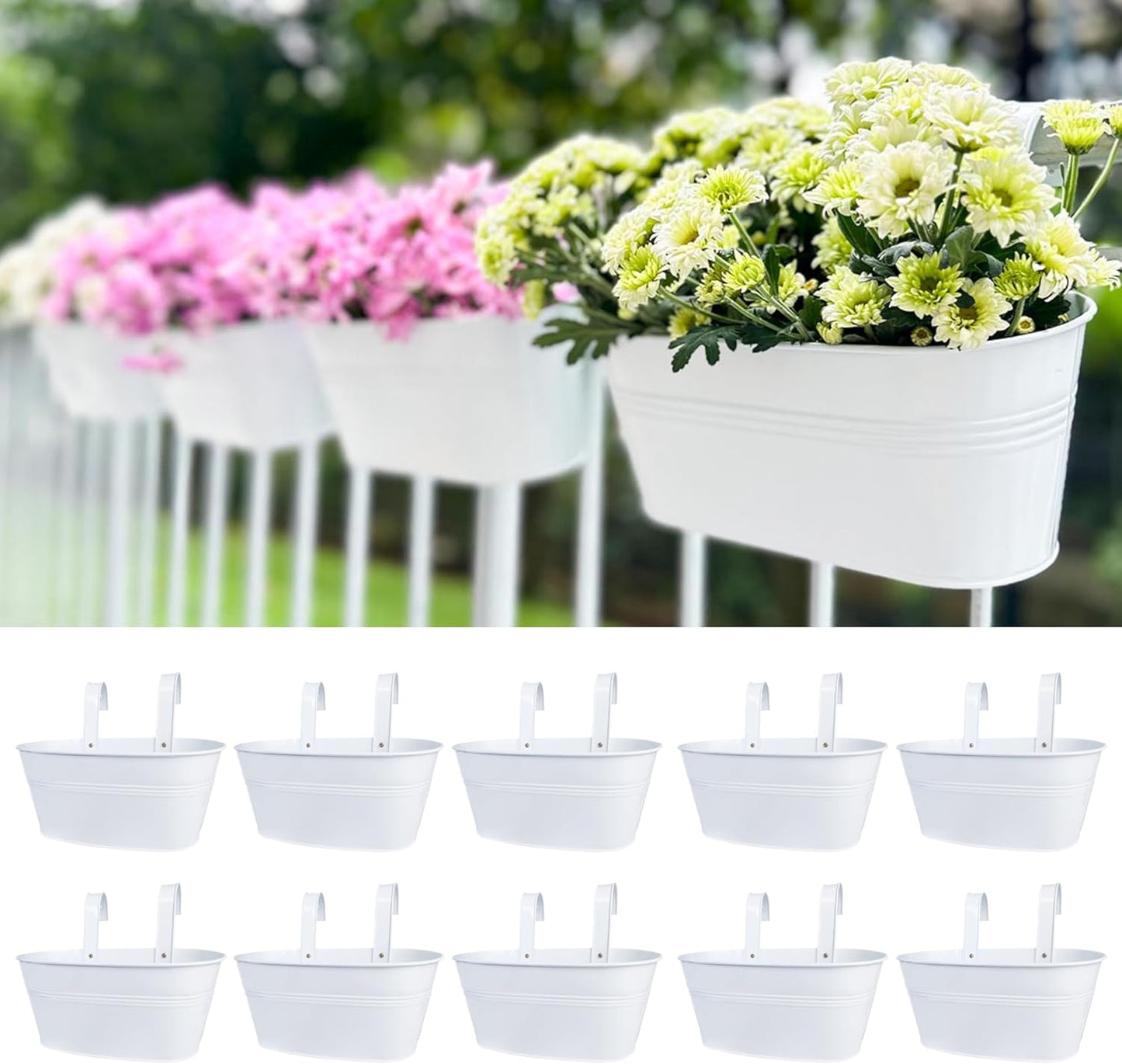 LaLaGreen Outdoor Rail Planter (6 Pack, 9.8 Inch) Small and Cute White Metal Iron Hanging Flower Pots Deck Railings Fence Buckets Countryside Style Wall Mount Window Box Plant Holder Hooks Porch Decor