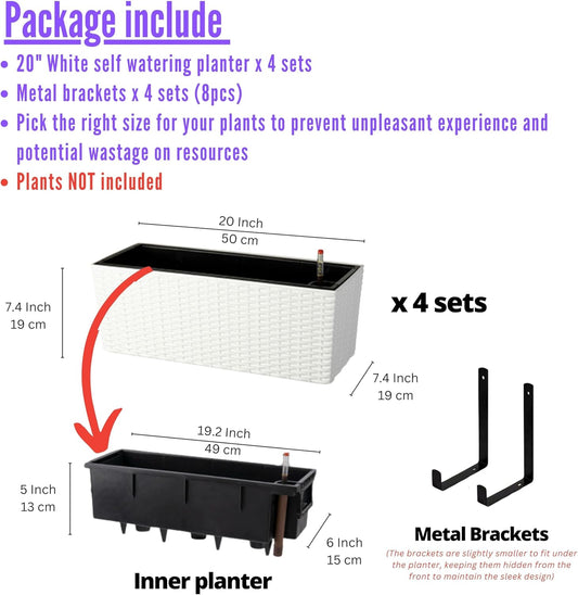 LaLaGreen Window Boxes Planters (20 Inch, 4 Pack) Outdoor Wall Hanging Flower Box with Bracket, Vertical Wall Mounted Self Watering White Rectangular Plant Container Modern Garden Herb Kitchen Indoor