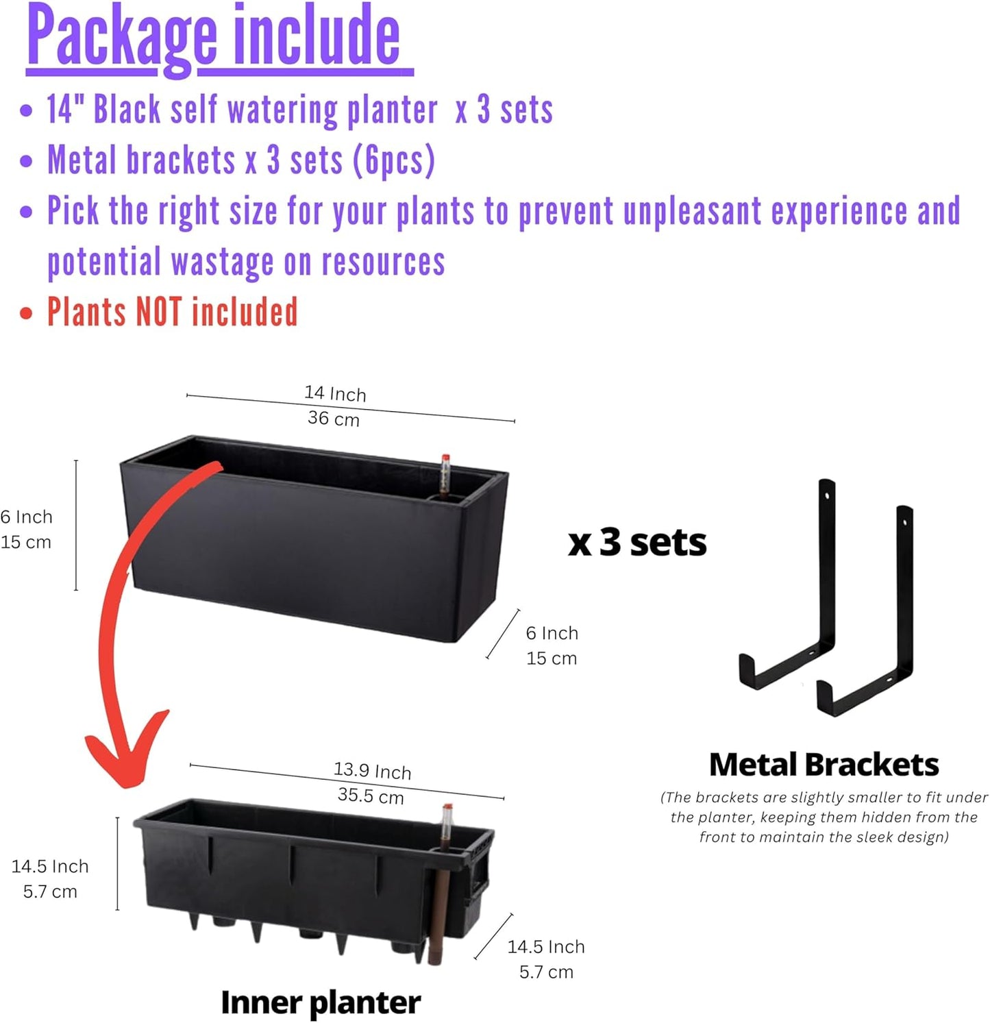 LaLaGreen Wall Planter for Outdoor Plants (3 Pack, 14 Inch) Wall Mounted Self Watering System Black Flower Boxes with Bracket, Window Wall Hanging Rectangular Plant Pots Container Indoor Modern Herb