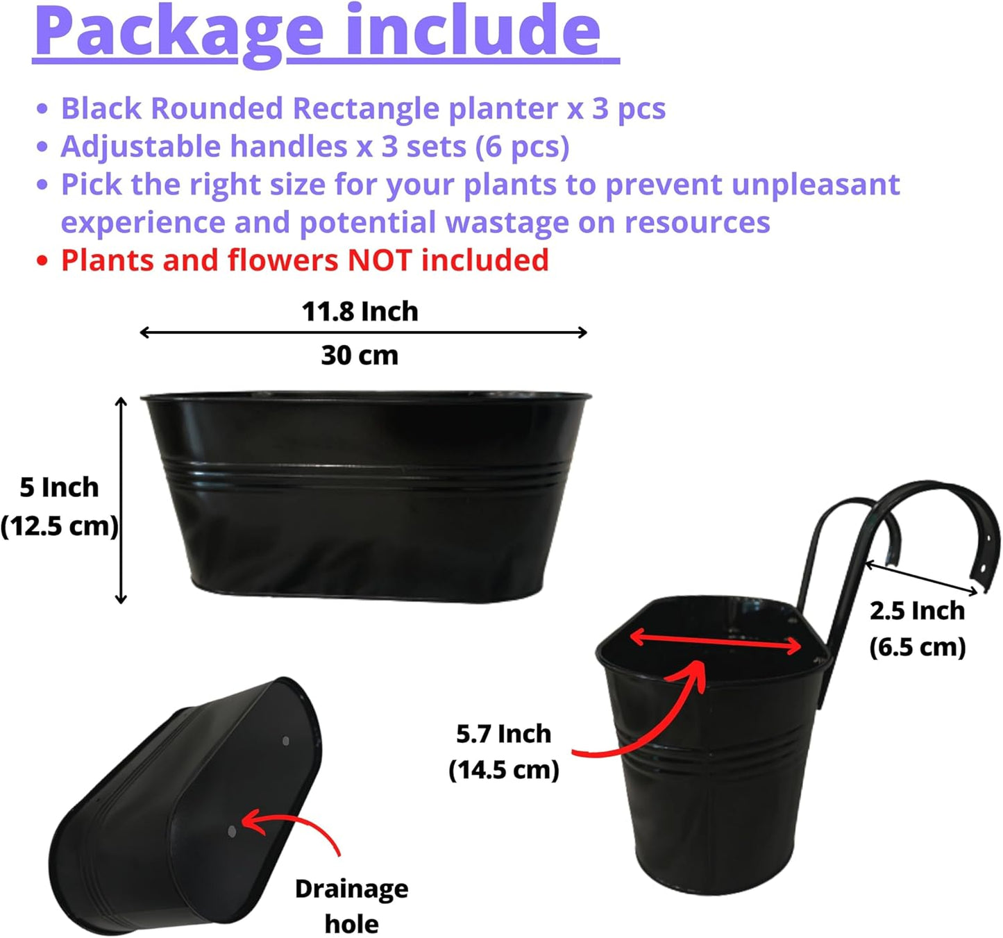 LaLaGreen Rail Planter Outdoor Plants(3 Pack, 11.8 Inch) Black Metal Iron Hanging Flower Pots Deck Railings Fence Buckets Modern Countryside Boho Style Wall Mount Window Box Plant Holder Porch Decor