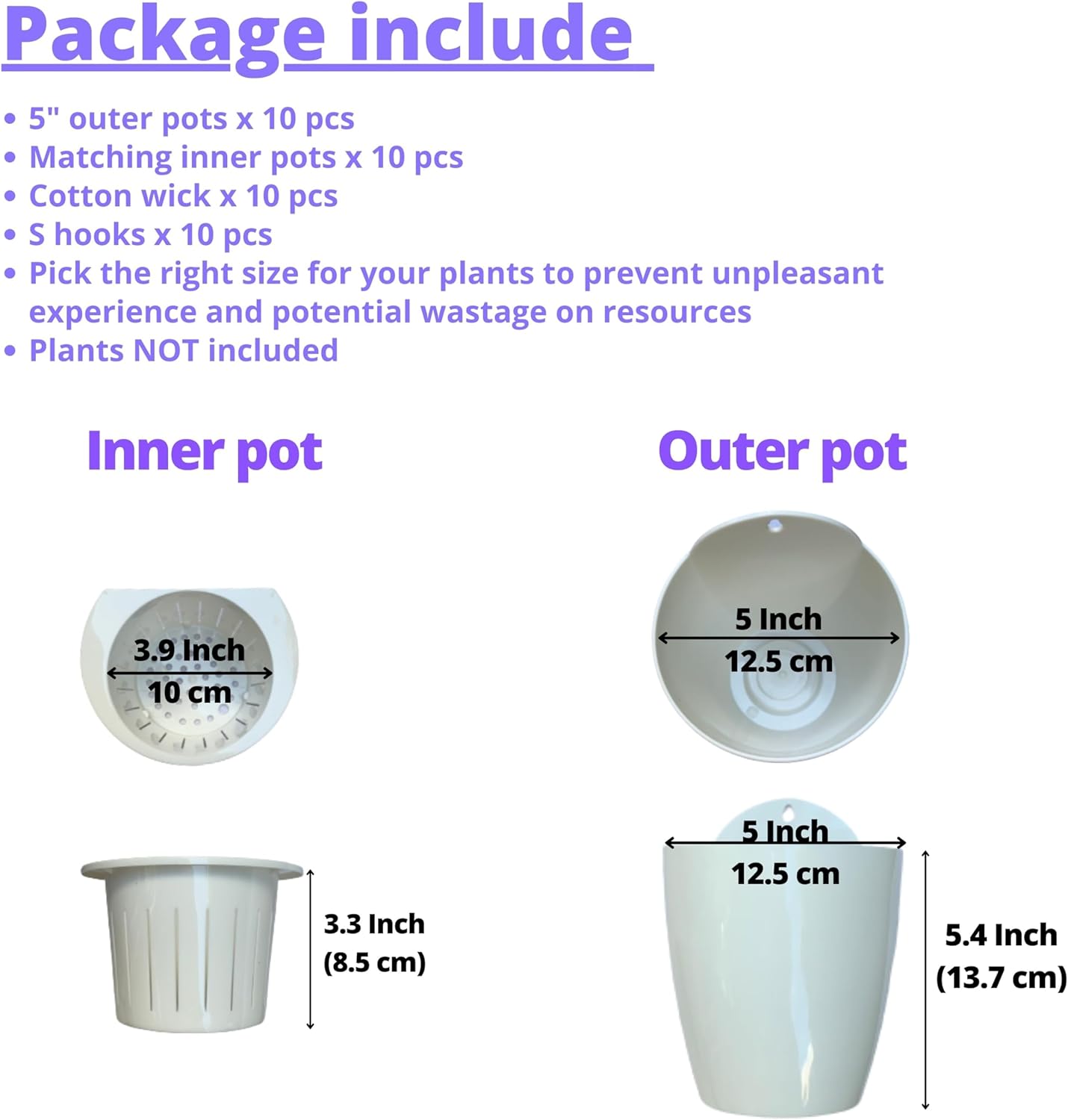 LaLaGreen Wall Mounted Planters for Indoor Plants - 10 Pack, 5 Inch Self Watering Plastic Pot, Living Hanging Eco Wall Planter System, Trendy Live Wall Garden for Herb, White