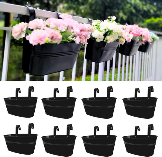 LaLaGreen Outdoor Rail Planter (8 Pack, 9.8 Inch) Small and Cute Black Metal Iron Hanging Flower Pots Deck Railings Fence Buckets Countryside Style Wall Mount Window Box Plant Holder Hooks Porch Decor