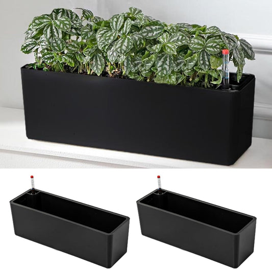LaLaGreen Planter Box for Indoor Plants (2 Pack, 16 Inch) Black Rectangular Self Watering Flower Pot, Large Window Boxes Planters with Drainage Decorative Modern Balcony Windowsill Herbs Home Garden