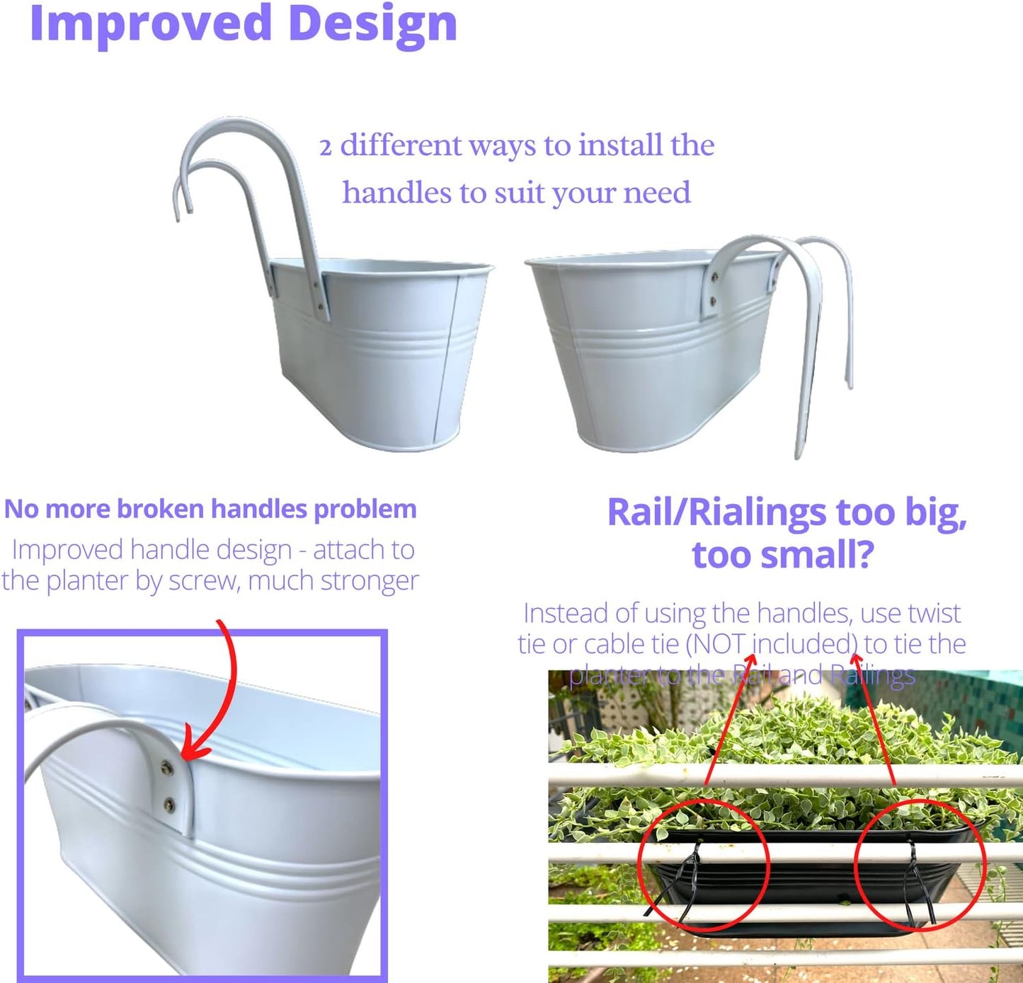 LaLaGreen Rail Planters for Outdoor (2 Pack, 11.2 Inch) White Metal Iron Hanging Flower Pots, Strawberry Planter Deck Railing Fence Bucket Wall Mount Window Box Plant Holder with Hooks Porch Decor