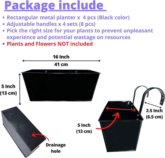 LaLaGreen Rail Planter Box (4 Pack, 16 Inch) Large Black Metal Hanging Flower Pots, Rectangle Outdoor Strawberry Plant Holder Window Balcony Deck Railing Fence Minimalist Farmhouse Countryside Style