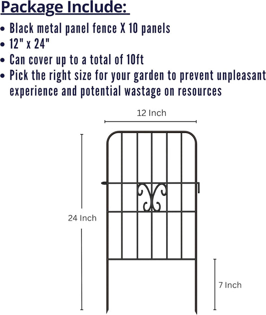 ShopLaLa Garden Fence Animal Barrier Decorative Border (10 Panels), 12in(L) x 24in(H) Rustproof Black Metal Wire Fencing Flower Edging for Landscape Patio, Yard, Outdoor Decor, No Dig Fences for Dog