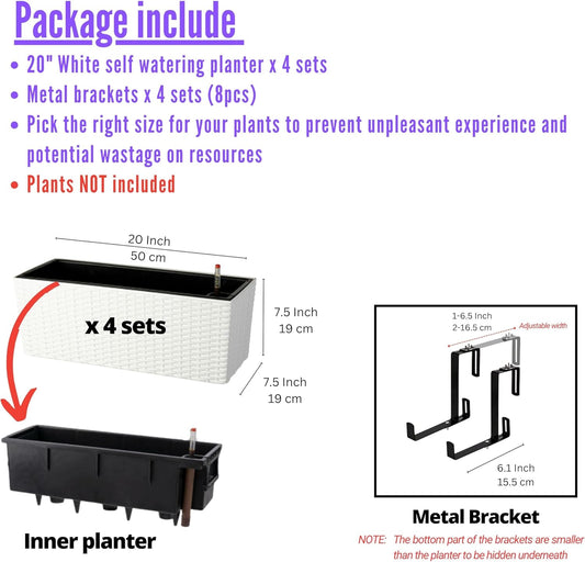 LaLaGreen Deck Railing Planter Box (4 Pack, 20 Inch) White Rectangular Window Flower Boxes with Bracket, Self Watering System Hanging Planter Box for Outdoor Plant Container Herb Rail Fence Balcony