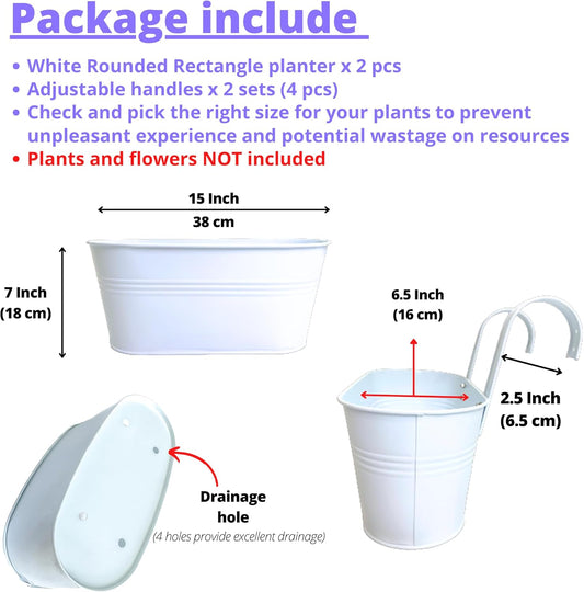 LaLaGreen Outdoor Plants Rail Planter (2 Pack, 15 Inch) White Metal Iron Hanging Flower Pot Deck Railing Fence Bucket Modern Boho Style Wall Mount Window Box Plant Holder Hooks Porch Herb Garden Decor