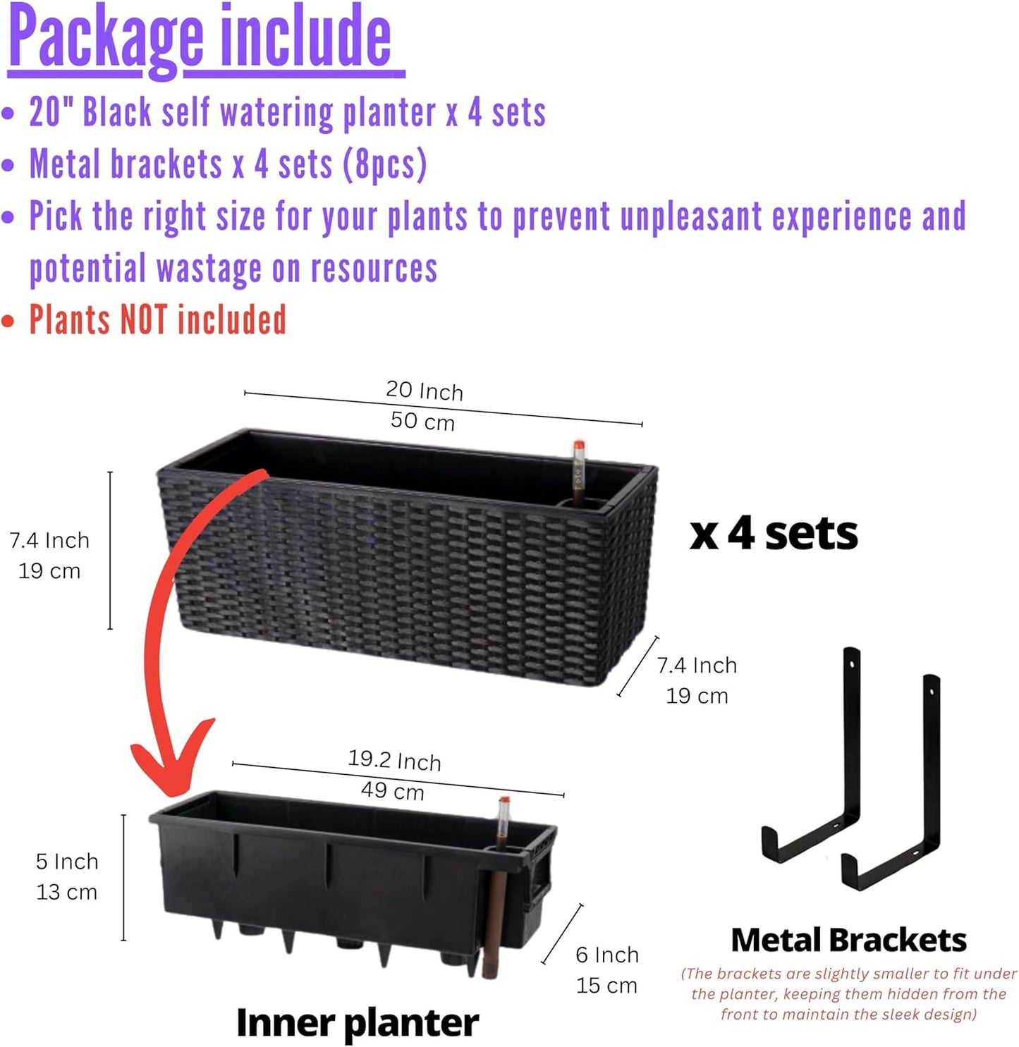 LaLaGreen Outdoor Wall Planters (20 Inch, 4 Pack) Wall Mounted Self Watering System Window Flower Boxes with Bracket, White Rectangular Plant Pot Container Indoor Modern Garden Herb Kitchen Home Decor