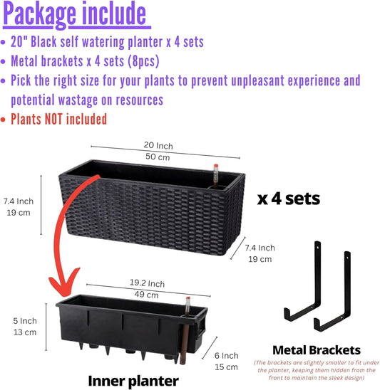 LaLaGreen Outdoor Wall Planters (20 Inch, 4 Pack) Wall Mounted Self Watering System Window Flower Boxes with Bracket, White Rectangular Plant Pot Container Indoor Modern Garden Herb Kitchen Home Decor