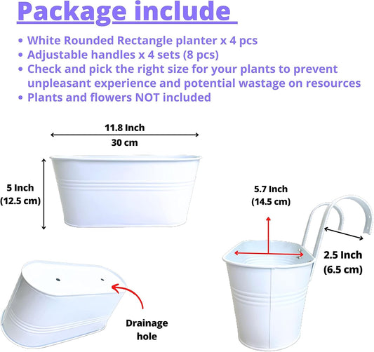 LaLaGreen Outdoor Rail Planter (4 Pack, 11.8 Inch) Metal Iron Hanging Flower Pots Deck Railings Fence Buckets Modern Countryside Boho Style White Wall Mount Window Box Plant Holder Hooks Porch Decor