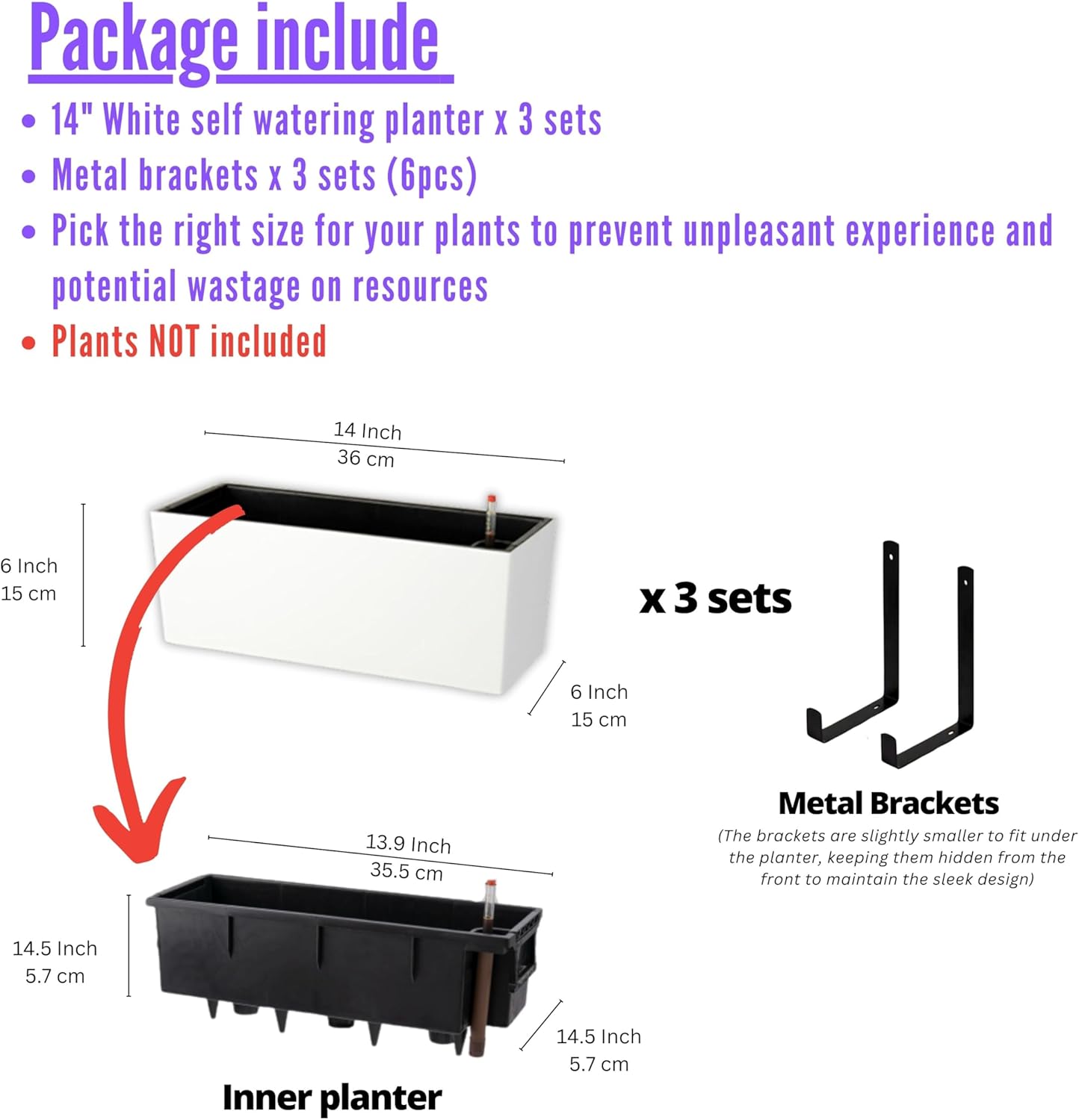 LaLaGreen Wall Planter for Outdoor (3 Pack, 14 Inch) Wall Mounted Self Watering System White Flower Boxes with Bracket, Window Wall Hanging Rectangular Plant Pots Container Indoor Garden Modern Herb