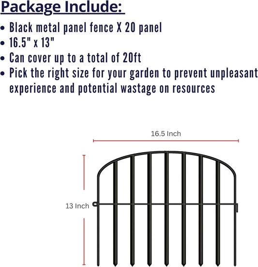 ShopLaLa Decorative Fences (20 Panels) 12in(L) x 16.5in(H) Rustproof Black Metal Wire Animal Barrier Fence, Flower Edging for Landscape Patio Outdoor Decor Dog Gate Tall Large No Dig Border D-P13-16.5