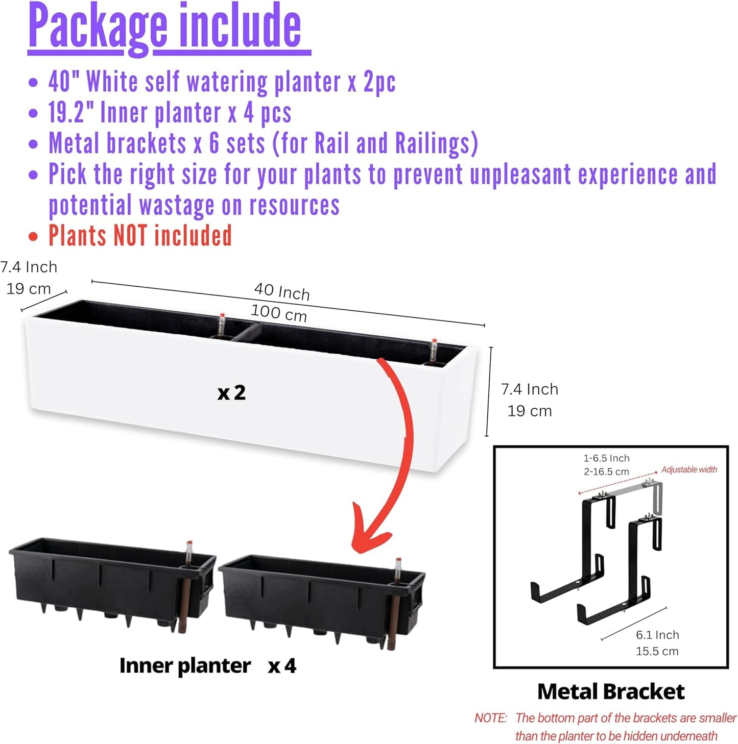 LaLaGreen Hanging Planter Boxes (2 Pack, 40") Extra Large White Rectangular Window Flower Box with Bracket Self Watering System Railing Planters for Outdoor Plant Pot Container Deck Rail Fence Balcony