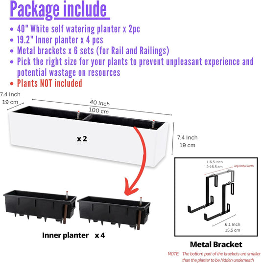 LaLaGreen Hanging Planter Boxes (2 Pack, 40") Extra Large White Rectangular Window Flower Box with Bracket Self Watering System Railing Planters for Outdoor Plant Pot Container Deck Rail Fence Balcony