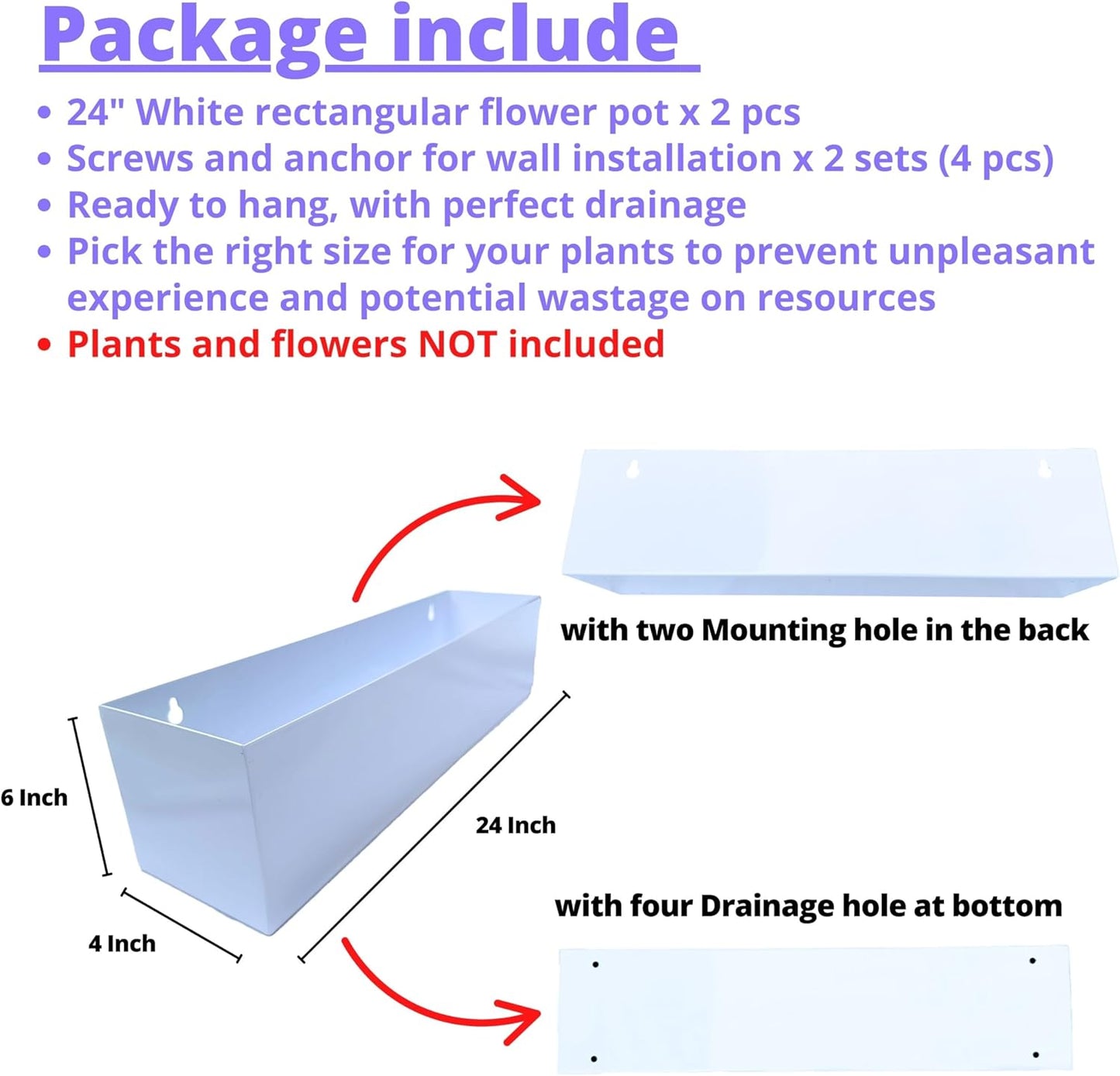 LaLaGreen Wall Planter (24 Inch, 2 Pack) Carbon Steel White Metal Hanging Flower Pot for Succulents, Wall Mount Rectangular Window Sill Box Fence Floating Garden Shelf for Deck Indoor Outdoor Decor